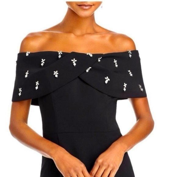 Rickie Freeman For Teri Jon Off-Shoulder Jewel-Embellished Crepe Midi Dress NEW - Picture 7 of 15